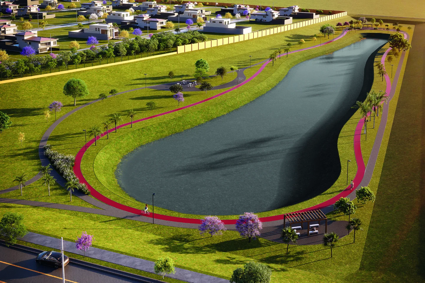 Perspectiva aérea ilustrada da lagoa